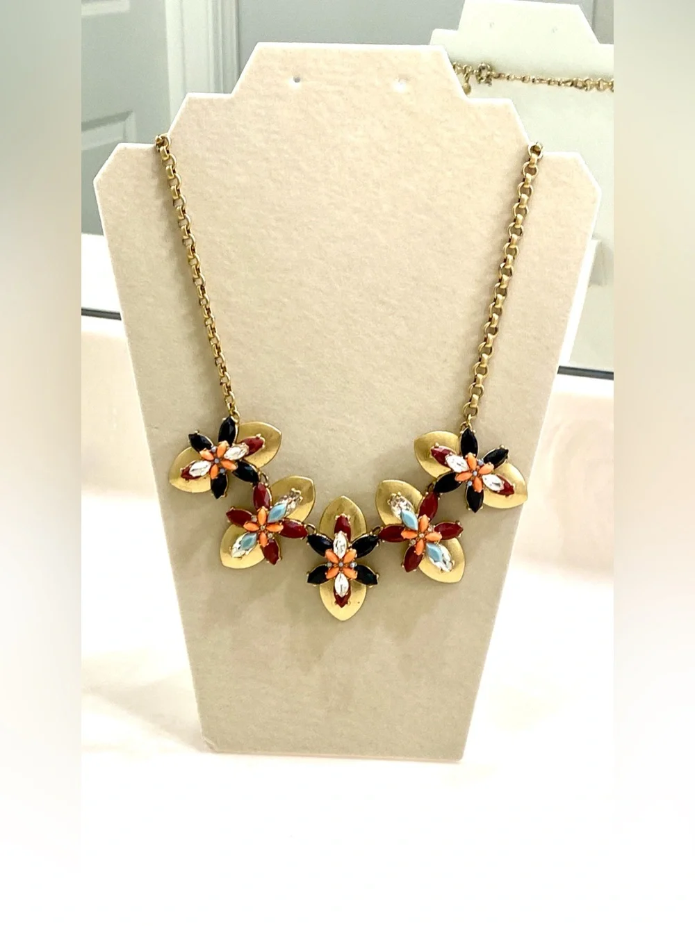J. Crew Gold Floral Necklace with Black, Red, Orange, Light Blue Accents